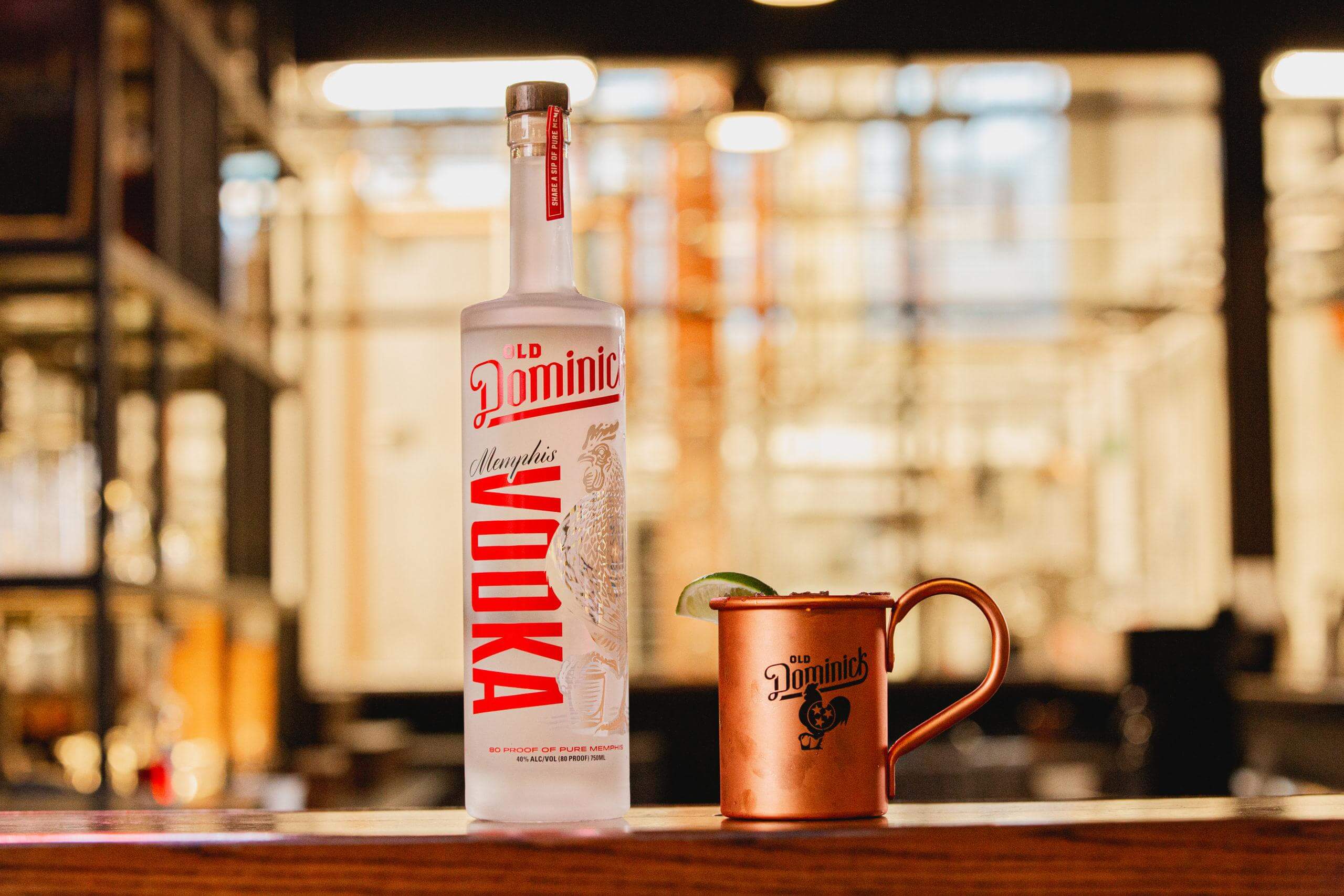 Memphis Vodka bottle and Moscow mule cocktail in copper mug